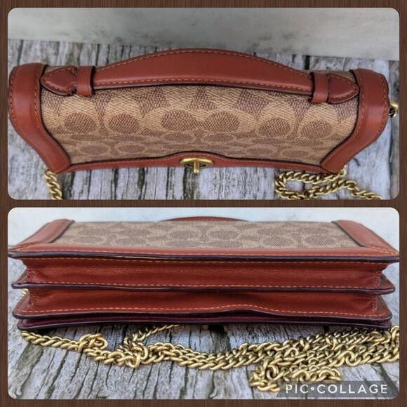 Coach Riley Signature Colorblock Chain Clutch Crossbody Bag. Tan/Rust. #68312 - Picture 8 of 11